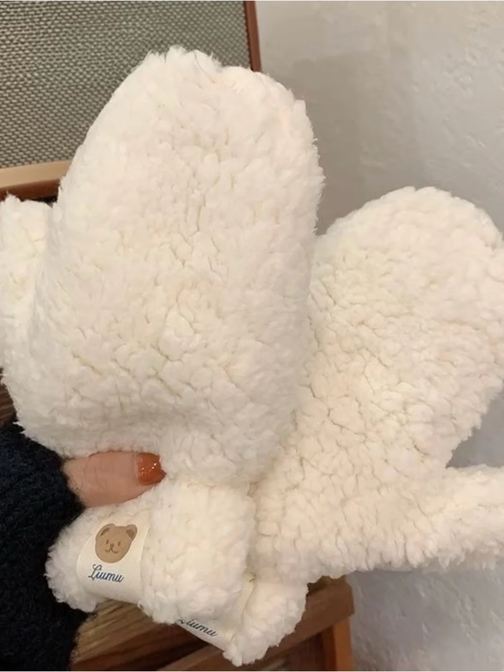 Kids Plush Mittens - Cream and Brown